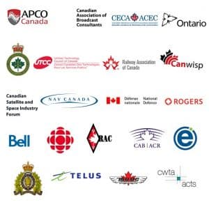 RABC-CCCR - Logos of various Canadian organizations, including APCO Canada, Canadian Association of Broadcast Consultants, CECA, Ontario, Railway Association of Canada, ROGERS, Bell, TELUS, and others, displayed in a grid pattern.