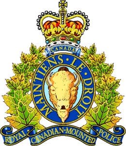 RABC-CCCR - Royal Canadian Mounted Police emblem featuring a gold bison head in a blue circle with "Maintiens Le Droit" text, surrounded by green maple leaves and topped with a crown labeled "Canada.