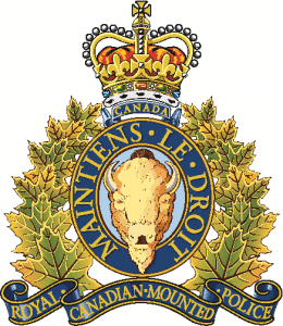 RABC-CCCR - Royal Canadian Mounted Police emblem featuring a bison head at the center, surrounded by a blue ribbon with "MAINTIENS LE DROIT" text. The design is framed by maple leaves and topped with a crown labeled "CANADA.