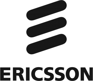 RABC-CCCR - Logo with three horizontal, elongated, black shapes stacked vertically, resembling a stylized "E," above the word "ERICSSON" in bold, black letters. The background is transparent.