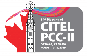 RABC-CCCR - Logo for the 34th Meeting of CITEL PCC-II in Ottawa, Canada, held August 12-16, 2019. Features a stylized tower, Canadian flag, and multicolored mosaic design on a gray background.