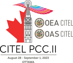 RABC-CCCR - Logo de la conférence CITEL PCC.II qui se tiendra à Ottawa du 28 août au 1er septembre 2023. Comprend un drapeau canadien stylisé, une tour avec un satellite et les emblèmes OEA/OAS CITEL.