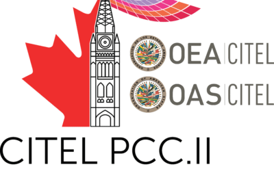 RABC-CCCR - Logo for CITEL PCC.II event in Ottawa, August 28 - September 1, 2023. Features a stylized tower next to a red maple leaf, with multicolored waves, the text "OEA CITEL OAS CITEL," and the dates and location.