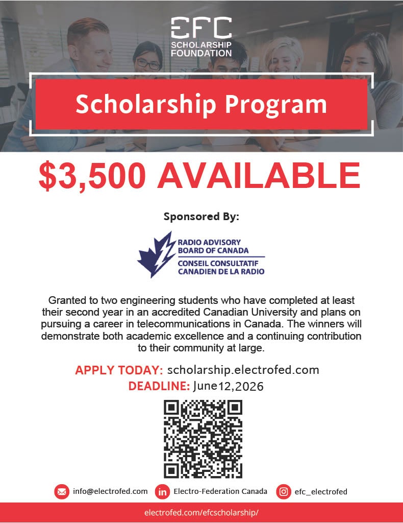 RABC-CCCR - A scholarship program poster offering $3,500, sponsored by the Radio Advisory Board of Canada. It targets engineering students, features a QR code, application info, and a June 12, 2026 deadline, with contact details at the bottom.