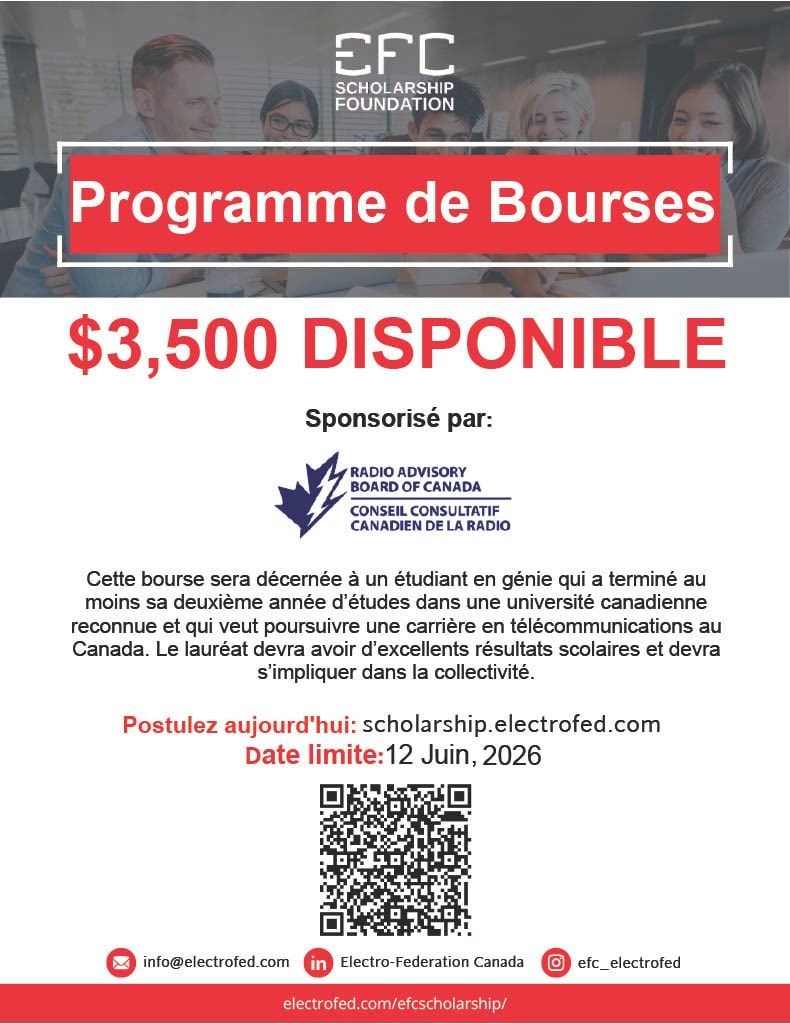 RABC-CCCR - Annonce de bourse d'études EFC offrant 3 500 $ aux étudiants en génie poursuivant une carrière dans les télécommunications, avec date limite du 12 juin 2026 et instructions pour postuler, sur fond rouge et blanc.