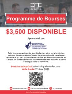 RABC-CCCR - A French-language scholarship poster from EFC offers $3,500, showing a graduation cap, students celebrating, and details about eligibility, deadline (June 12, 2026), contact info, and the sponsor, the Radio Advisory Board of Canada.
